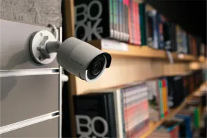 Eine moderne Sicherheitskamera von Securitas ist an einer Wand in einem Bücherregalbereich installiert und überwacht diskret den Innenraum.