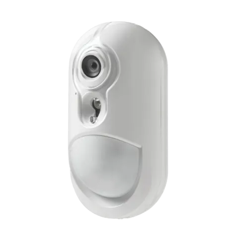 Funk Foto-Bewegungsmelder mit integrierter Kamera zur visuellen Alarmprüfung. Rechtsansicht.