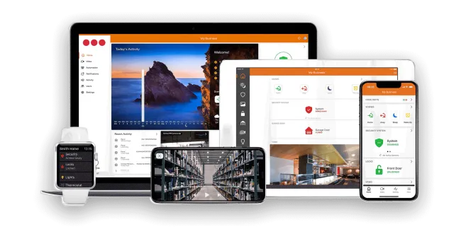 Darstellung der Securitas App auf verschiedenen Endgeräten wie Smartwatch, Smartphone, Tablet, Laptop und Desktop. Die Benutzeroberfläche zeigt Funktionen wie Kamerazugriff, Alarmauswertung, Steuerung von Türen und Thermostaten – eine zentrale Lösung für smarte Sicherheit rund um die Uhr.